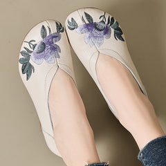 Socofy Leather Embroidered Purple Bloom Mid Heel Shoes