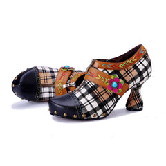 Socofy Retro Plaid Leather Handmade High Heel Shoes