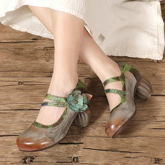 Socofy Summer Breeze Retro Handmade Leather Floral High Heel Closed Toe Shoes