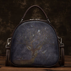 Socofy Full Grain Leather Handmade Deer Print Shell Bag