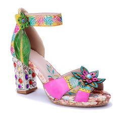 Socofy Summer Leather Flower High Heel Sandals