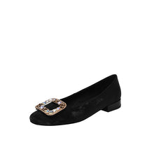 Socofy Leather Rhinestone Square Toe Chunky Heel Flats