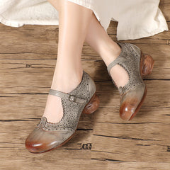 Socofy Vintage Handmade Leather Floral Carved Hollow Mid Heel Shoes