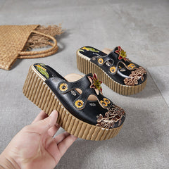 Socofy Handmade Ethnic Style Leather Floral Platform Slippers
