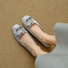 Socofy Leather Rhinestone Square Toe Chunky Heel Flats