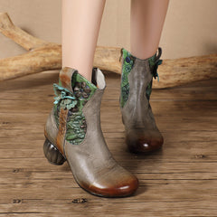Socofy Handcrafted Leather Retro National Style Floral Mid Calf Boots