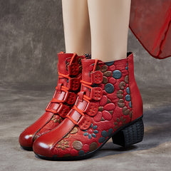 Socofy Top Grain Leather Chunky Heel Short Boots