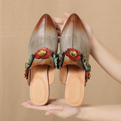 Socofy Retro Design Handcrafted Leather Low Heel Open Toe Slipper