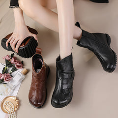 Socofy Top Grain Leather Flat Ankle Boots