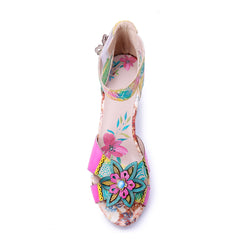Socofy Summer Leather Flower High Heel Sandals