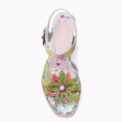 Socofy Summer Handmade Leather Vintage Flower High Heel Sandals