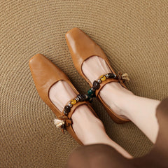 Socofy Fall New Square Toe Sheepskin Mid Heel Flats