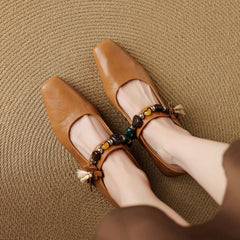 Socofy Fall New Square Toe Sheepskin Mid Heel Flats