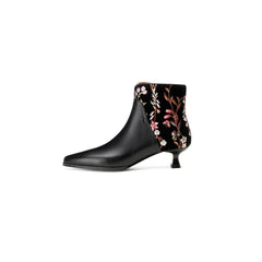 Socofy Handmade Floral Leather Ethnic Mid Heel Boots
