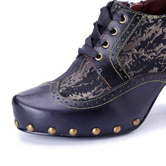 Socofy Fall Winter Handmade Leather Patchwork Print Studded High Heel Shoes
