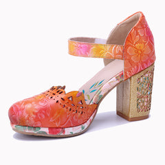 Socofy Handmade Leather Retro Carved High Heels