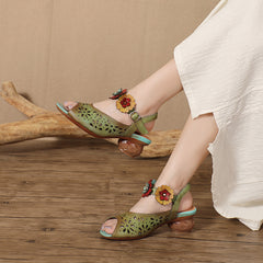 Socofy Retro Handmade Leather Floral Cutout Peep Toe Mid Heel Sandals