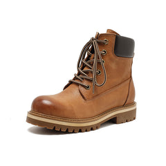 Socofy Classic Leather Mid Heel Short Martin Boots