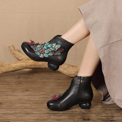 Socofy Handcrafted Leather Peacock Design Floral Mid Heel Boots