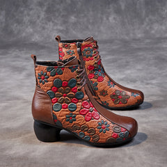 Socofy Leather Print Block Heel Short Boots