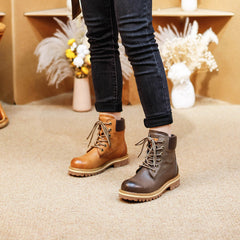 Socofy Classic Leather Mid Heel Short Martin Boots