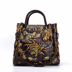 Socofy Top Grain Leather Sculpted Floral Tote Bag