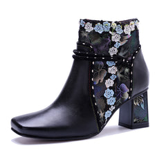 Socofy Retro Grace Handmade Leather Chunky Heel Boots