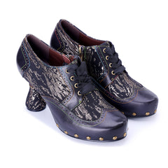 Socofy Fall Winter Handmade Leather Patchwork Print Studded High Heel Shoes