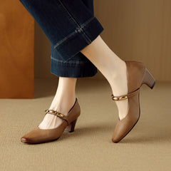 Socofy Autumn Leather Square Toe Retro Chunky Heel Shoes
