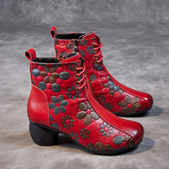 Socofy Leather Print Block Heel Short Boots