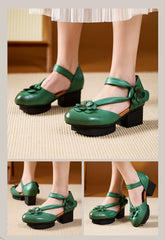 Socofy Handmade Retro Leather Pointed Toe Chunky Heel Sandals