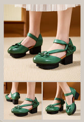 Socofy Handmade Retro Leather Pointed Toe Chunky Heel Sandals