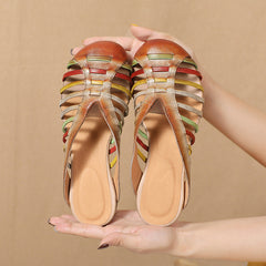 Socofy Summer Breeze Retro Handmade Leather Low Heel Closed Toe Slippers