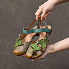 Socofy Handmade Leather Butterfly Closed Toe Low Heel Sandals