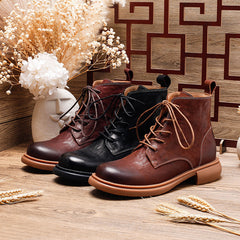 Socofy Handmade Leather Mid Heel Martin Boots