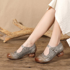 Socofy Vintage Handmade Leather Floral Carved Hollow Mid Heel Shoes