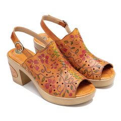 Socofy Spring Summer Leather Printed Hollow Out Chunky Heel Buckle Strap Clog Bottom Sandals