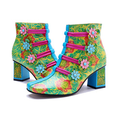 Socofy Handmade Leather Retro Floral Chunky Heel Boots