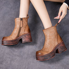 Socofy Vintage Leather Printed High Heel Short Boots