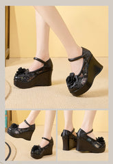 Socofy Handmade Leather Vintage Flower Platform Sandals