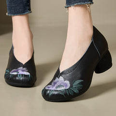 Socofy Leather Embroidered Purple Bloom Mid Heel Shoes