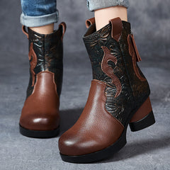 Socofy Full Grain Leather High Heel Short Boots