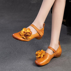 Socofy Vintage Top Grain Leather Flower Flats
