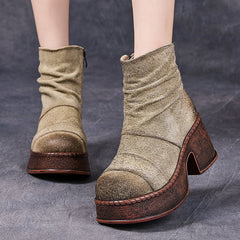 Socofy Retro Cowhide Chunky Heel Short Boots
