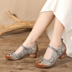 Chic Round Toe and Cutout Design Retro Soft Leather Mid Heel Shoes