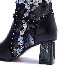 Socofy Retro Grace Handmade Leather Chunky Heel Boots