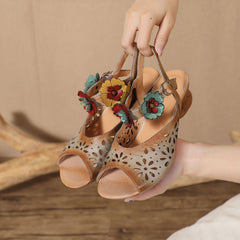 Socofy Retro Handmade Leather Floral Cutout Peep Toe Mid Heel Sandals