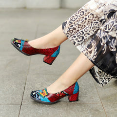 Socofy Butterfly Genuine leather Floral Deco Heels Women's shoes