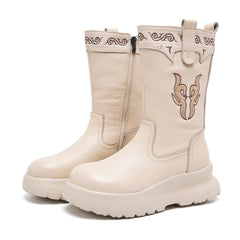 Socofy Top Grain Leather Retro Floral Embroidery Boots