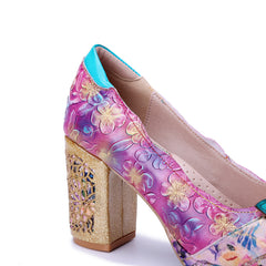 Socofy Handmade Leather Vintage Floral High Heels